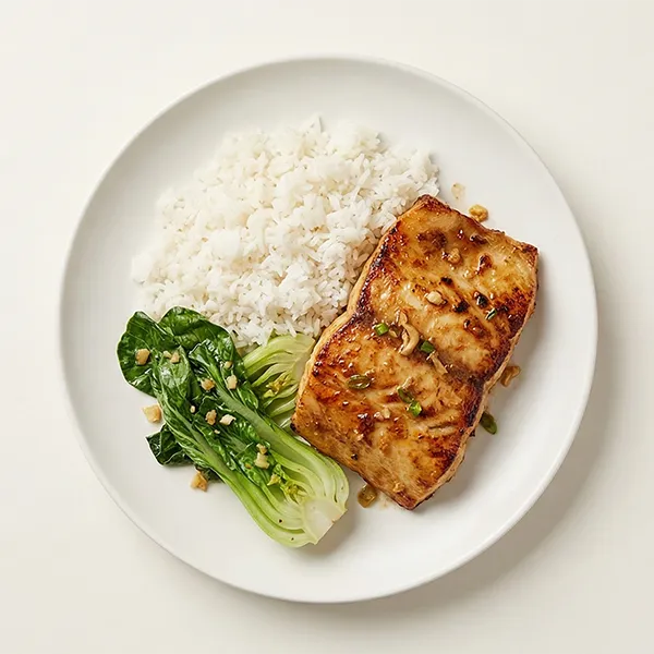 Miso Butter Fish with Bok Choy and Steamed Jasmine Rice